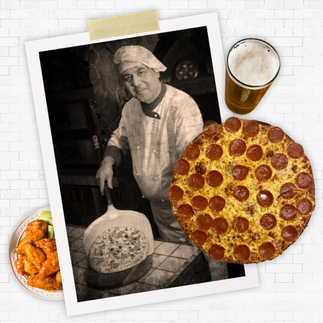 Historical photo of pizza chef, Butch's Pepperoni Pizza, buffalo chicken wings and a cold beer.