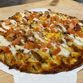 Homemade chicken bacon ranch pizza at Butch's Pizza restaurant in Kimberly, WI